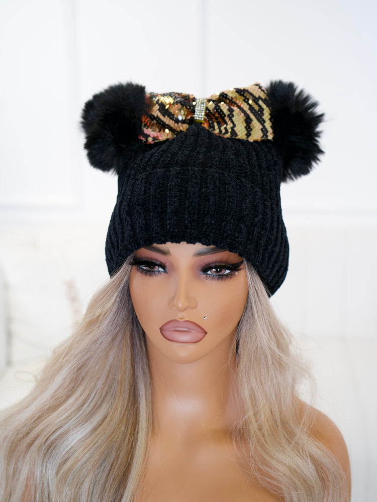 Gold Stripes Bow Beanie BB682